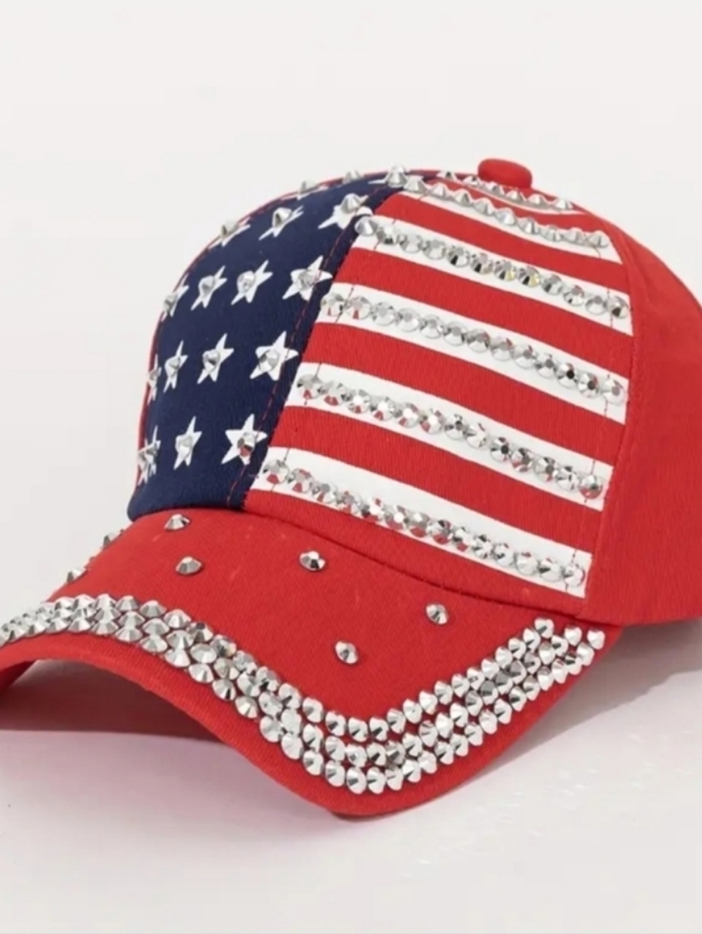 Embellished American Flag Baseball Cap - Red